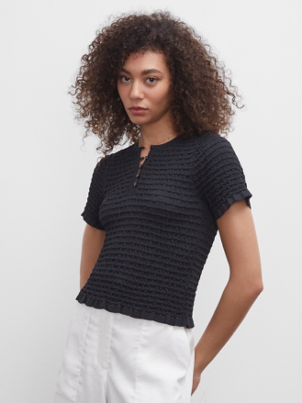 Club Monaco Pucker Stitch Button Tee in Black